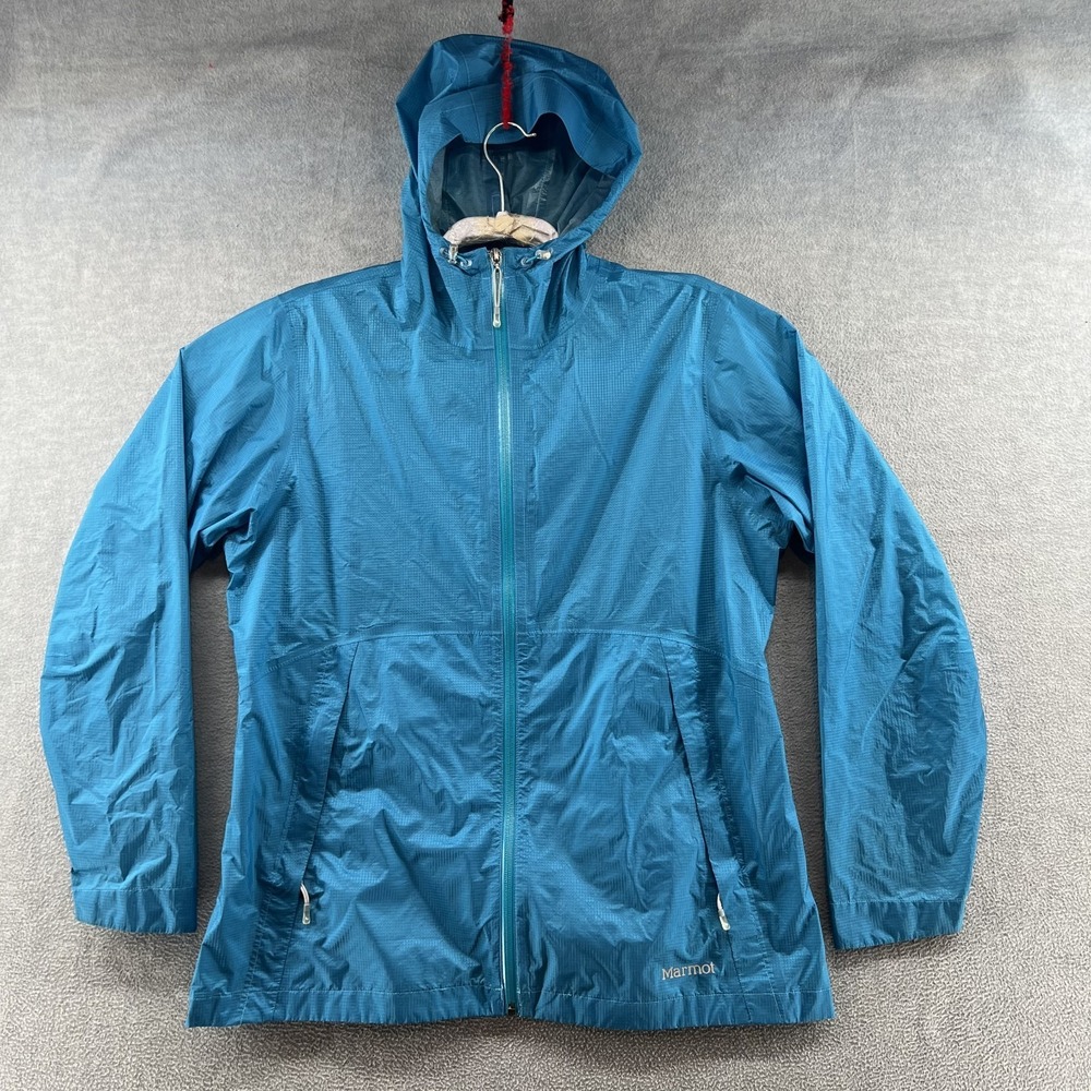 Marmot Jacket Womens XL Blue Hooded Full Zip Lightweight Windbreaker Rain Shell